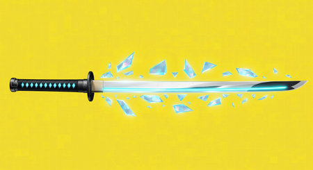 An illustration of a magical, glowing katana surrounded by broken ice shards on a yellow backgroundの素材