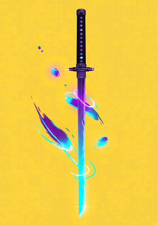 An illustration of a magical, glowing katana with a purple and blue gradient blade and swirling energyの素材