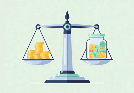 An illustration of a scale balancing a stack of coins against a savings jar, representing budget and savingsの素材