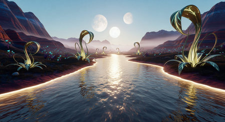 A surreal landscape of an alien planet with strange cobra-like plants and a glowing riverの素材