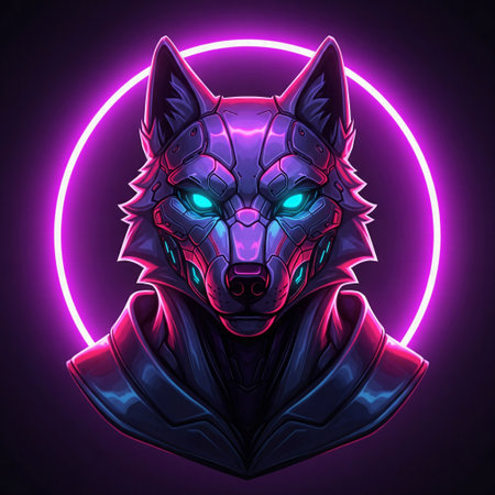 A sleek robotic wolf with glowing cyan eyes and a purple neon haloの素材