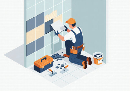 An isometric illustration of a tiler installing new tiles on a wall during a renovationの素材