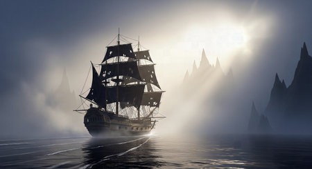 A pirate ship with tattered sails sailing into a misty and mysterious bay at sunriseの素材