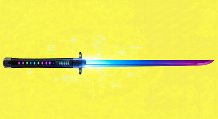 An illustration of a futuristic cyberpunk katana with a glowing gradient blade and a digital user interfaceの素材