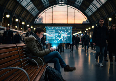 A young man using his smartphone with a futuristic holographic display at a train stationの素材
