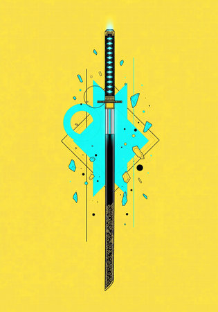 A minimalist graphic design illustration of a katana with abstract geometric shapesの素材