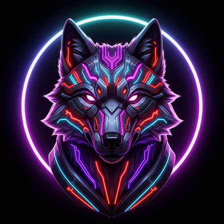 A dark metallic wolf with vibrant neon patterns and a glowing halo ringの素材