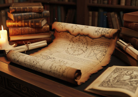 An ancient unrolled scroll with mystical diagrams on a desk in a candlelit libraryの素材