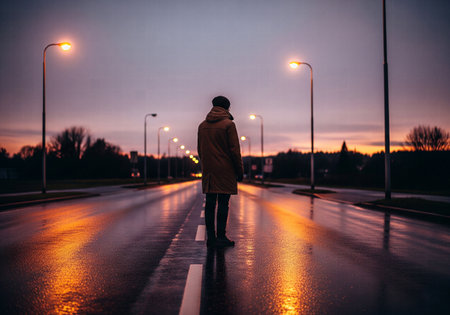 Lonely person standing in the middle of a wet, empty road at duskの素材