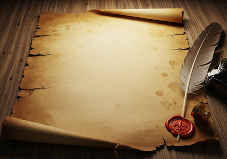 An antique parchment scroll with a feather quill, inkwell, and a wax seal with a fleur-de-lis on a rustic wooden backgroundの素材