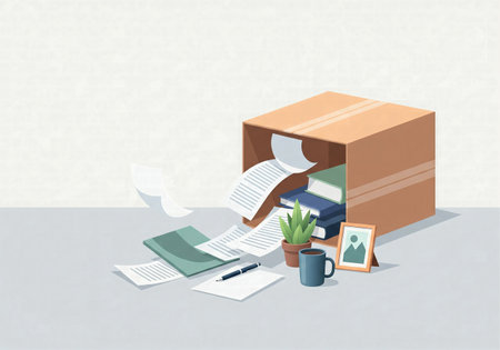 Tipped over cardboard box with office supplies spilling outの素材