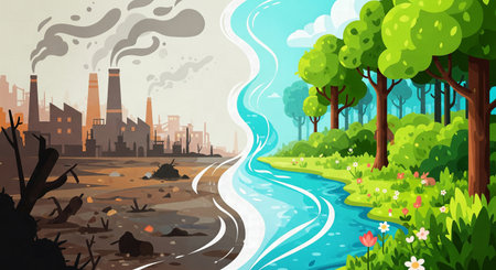 A stark visual contrast between a polluted, destroyed industrial landscape and a clean, vibrant natural environment with a flowing riverの素材