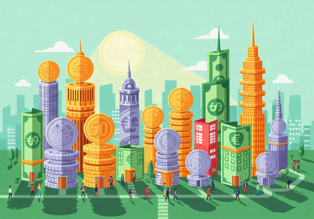 Financial cityscape with buildings made of stacked coins and banknotesの素材