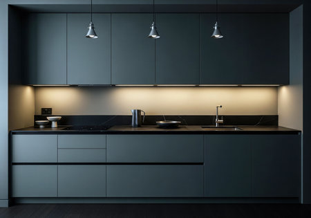 A sleek and minimalist dark green kitchen with black marble countertopsの素材