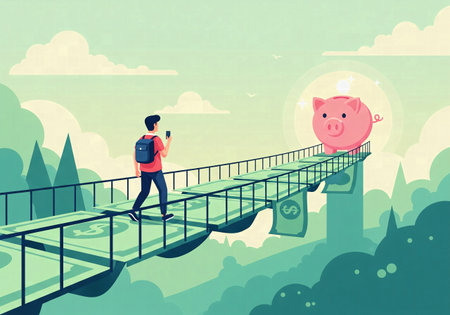Person walking on a bridge made of money towards a large piggy bankの素材