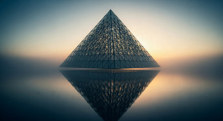 A surreal wireframe pyramid floating over a misty lake with a perfect reflection at dustの素材