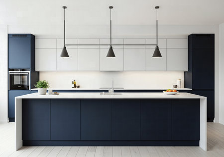 A clean and modern minimalist kitchen with dark blue and white cabinets and a large islandの素材