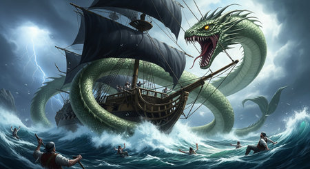 Enormous sea serpent monster attacking a ship and its crew in a stormの素材