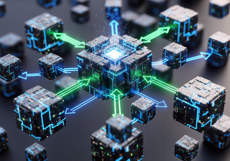 3D render of a glowing central data block in a decentralized networkの素材