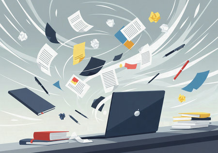 Illustration of a chaotic whirlwind of papers and office supplies flying from a laptopの素材