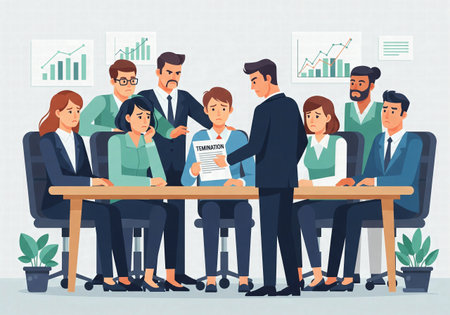 An illustration of a sad employee receiving a termination letter from his boss in a meetingの素材