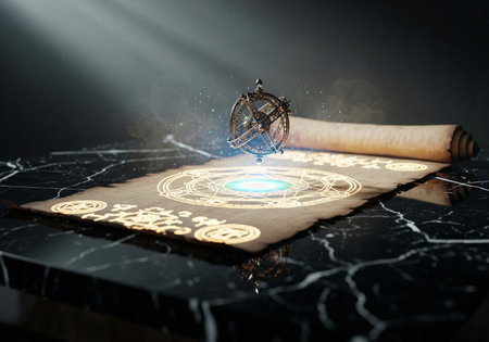 A magical astrolabe levitating over a glowing magic circle on an ancient scrollの素材