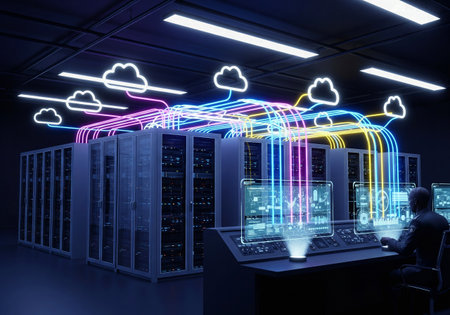 Operator in a control room monitoring a data center with glowing cloud network connectionsの素材
