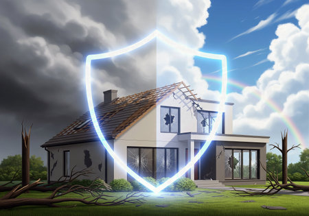 Insurance concept showing a house transitioning from storm-damaged to repaired and sunny, protected by a large glowing security shield.の素材