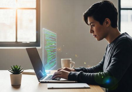 Focused person coding on a laptop with a holographic overlay of program codeの素材