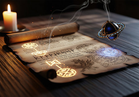 A magical artifact levitating over an ancient scroll with glowing runesの素材