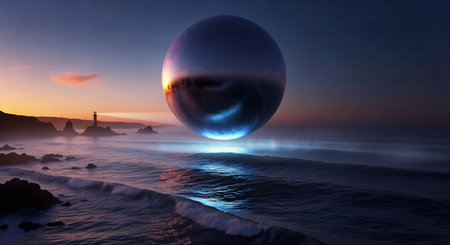 Mysterious metallic sphere hovering over the ocean at sunset with a distant lighthouseの素材