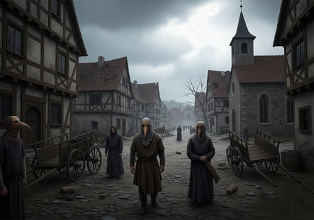Plague doctors walking through a deserted medieval town during the Black Deathの素材