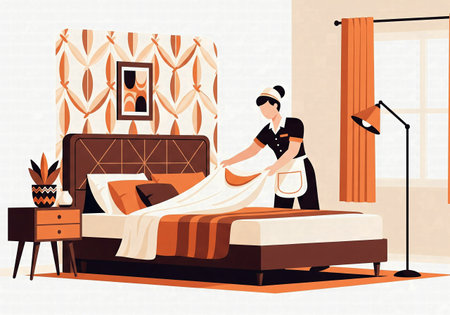 Hotel maid in uniform making a bed in a stylish retro-themed room. Housekeeping and hospitality service vector illustration.の素材