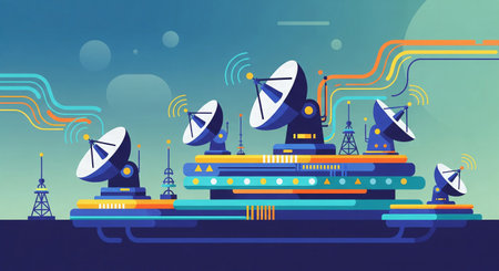 Stylized illustration of a satellite communication and data relay stationの素材