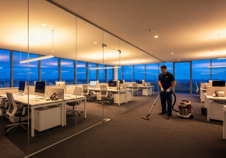 Janitor vacuuming the carpet in a modern high-rise office after hours. Professional commercial cleaning and maintenance service.の素材