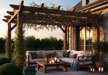 Cozy and romantic patio with a wooden pergola and lounge sofa at sunset, decorated with candles. Rustic outdoor living space.の素材