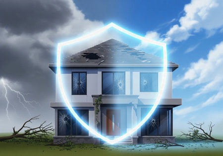 Home insurance concept showing a storm-damaged house with broken windows and roof, encircled by a glowing blue shield for protection.の素材