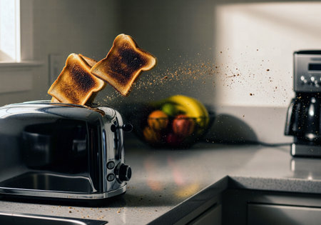 Action shot of two slices of burnt toast flying out of a chrome toasterの素材