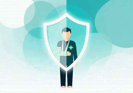 Concept of health and accident insurance with an illustration of an injured man with a broken arm protected by a glowing shield.の素材