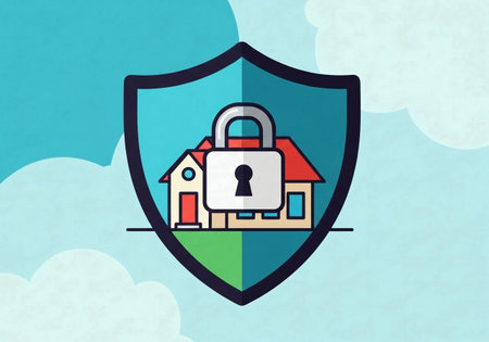 Home security and insurance concept shown by a cartoon house with a large padlock, enclosed within a strong protective shield.の素材