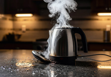 Malfunctioning electric kettle boiling over with steam and spilled water on a kitchen counter. Concept of a household accident or broken appliance.の素材