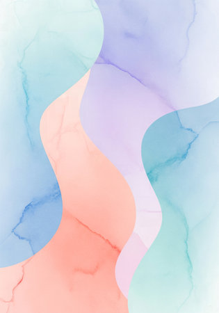 Soothing abstract background with gentle, overlapping wavy forms and a soft, delicate watercolor texture in pastel colors.の素材