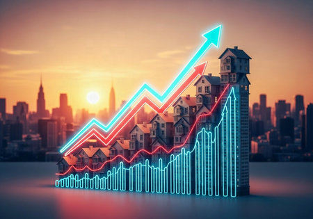 Real estate market growth visualized as a glowing graph rising over a bar chart of houses and skyscrapers against a city skyline.の素材