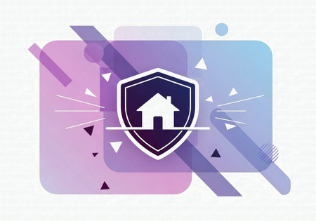 Modern and dynamic logo or icon for home security, featuring a house symbol within a shield on an abstract background.の素材