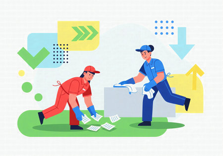 Professional cleaning team of a man and woman working togetherの素材