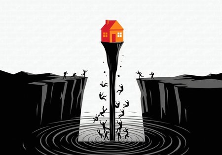 Conceptual illustration of a housing crisis or market collapse, with people falling from cliffs into a chasm below a precarious home.の素材