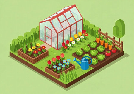 Isometric illustration of a beautiful home garden with a greenhouse, raised beds for flowers and vegetables, and gardening tools.の素材