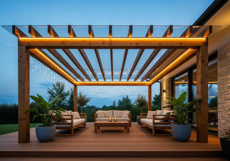 Elegant wooden pergola with a glass roof, beautifully illuminated by LED strips and string lights over a modern patio at twilight.の素材