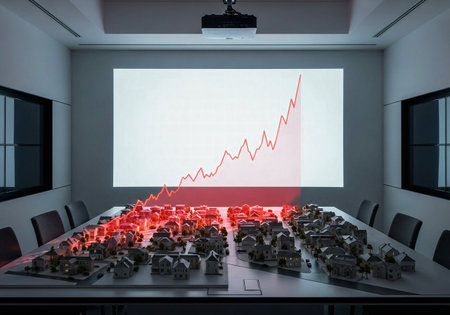 Real estate market analysis in a conference room with a rising red graph projected over an architectural model of a suburb.の素材