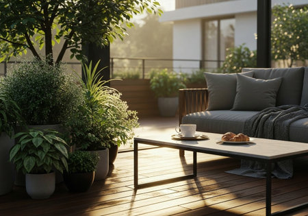 Peaceful morning breakfast scene on a modern, sunlit balcony with coffee, croissants, and surrounded by lush green potted plants.の素材